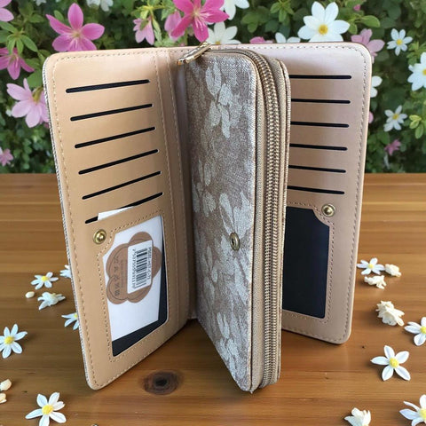 Cotton Road Wallet: Large KHAKI PU Leather Wallet with FLORAL detailing