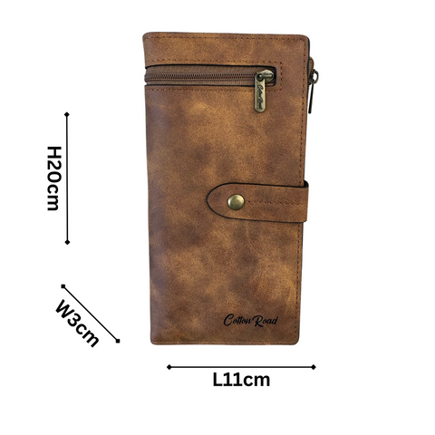 Cotton Road Wallet: Large KHAKI PU Leather Wallet with OUTSIDE ZIP Pocket