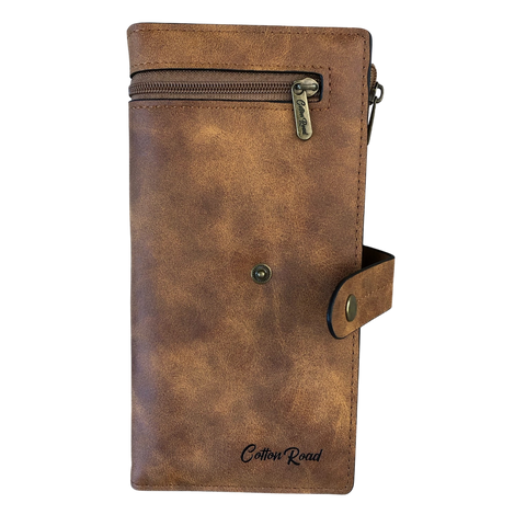 Cotton Road Wallet: Large KHAKI PU Leather Wallet with OUTSIDE ZIP Pocket