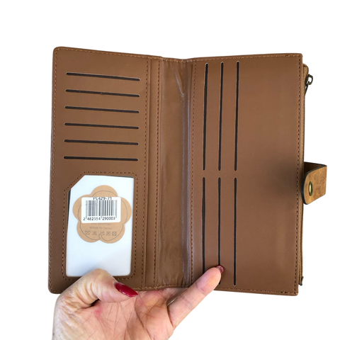 Cotton Road Wallet: Large KHAKI PU Leather Wallet with OUTSIDE ZIP Pocket