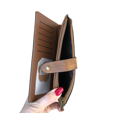 Cotton Road Wallet: Large KHAKI PU Leather Wallet with OUTSIDE ZIP Pocket