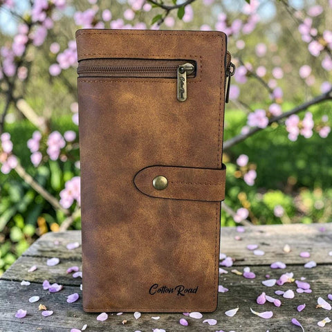 Cotton Road Wallet: Large KHAKI PU Leather Wallet with OUTSIDE ZIP Pocket