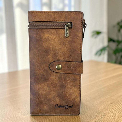 Cotton Road Wallet: Large KHAKI PU Leather Wallet with OUTSIDE ZIP Pocket