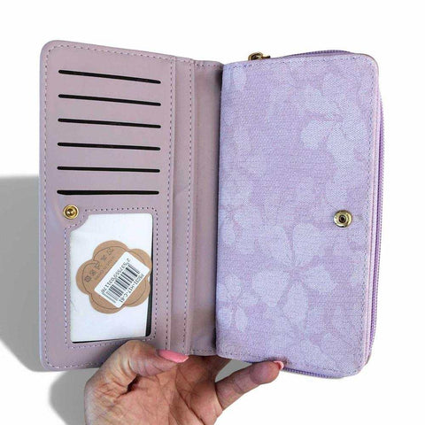 Cotton Road lilac floral PU leather handbag and matching wallet set with gold-tone hardware and multiple compartments
