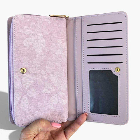 Cotton Road handbag and matching wallet set in lilac floral PU leather with gold-tone hardware and multiple compartments