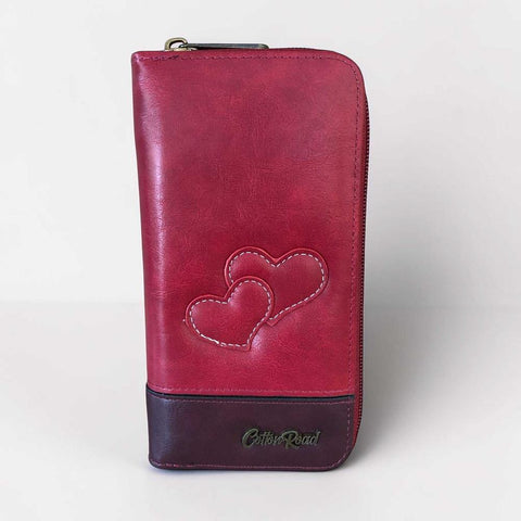Cotton Road Wallet: Large MAROON RED PU Leather with Heart Design