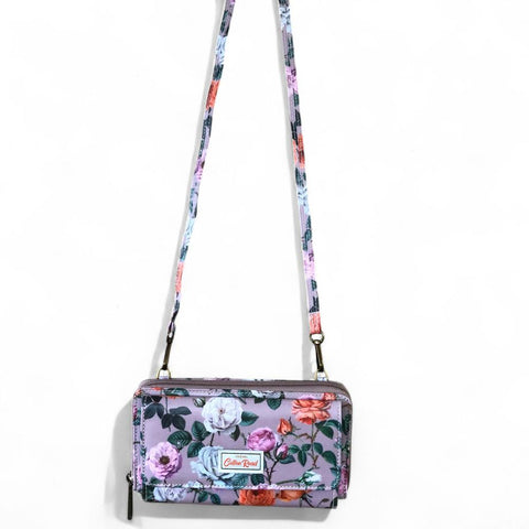 Cotton Road Wallet: Large MAUVE PVC Cellphone Sling Wallet with FLOWERS