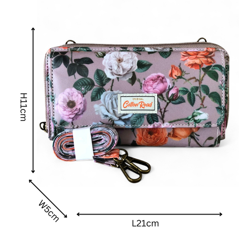 Cotton Road Wallet: Large MAUVE PVC Cellphone Sling Wallet with FLOWERS