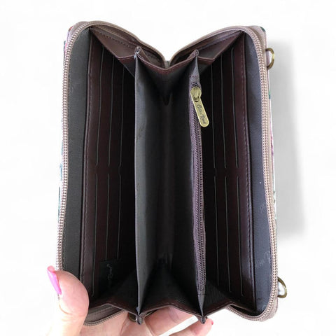 Cotton Road Wallet: Large MAUVE PVC Cellphone Sling Wallet with FLOWERS