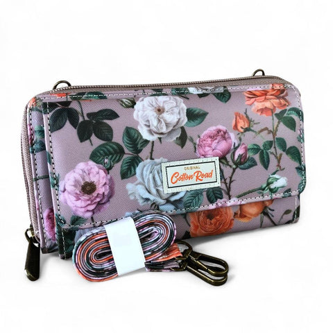 Cotton Road Wallet: Large MAUVE PVC Cellphone Sling Wallet with FLOWERS