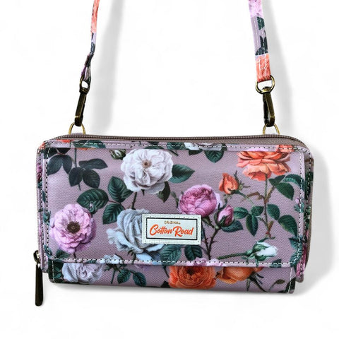 Cotton Road Wallet: Large MAUVE PVC Cellphone Sling Wallet with FLOWERS