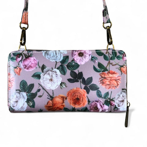 Cotton Road Wallet: Large MAUVE PVC Cellphone Sling Wallet with FLOWERS