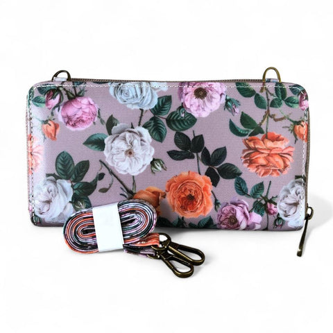 Cotton Road Wallet: Large MAUVE PVC Cellphone Sling Wallet with FLOWERS
