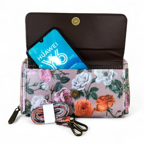 Cotton Road Wallet: Large MAUVE PVC Cellphone Sling Wallet with FLOWERS