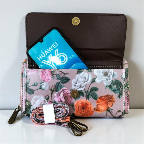Cotton Road Wallet: Large MAUVE PVC Cellphone Sling Wallet with FLOWERS