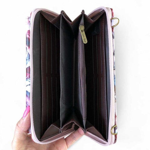 Cotton Road Wallet: Large PINK FLORAL PVC Cellphone Sling Wallet