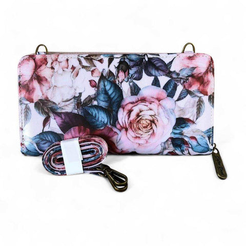 Cotton Road Wallet: Large PINK FLORAL PVC Cellphone Sling Wallet