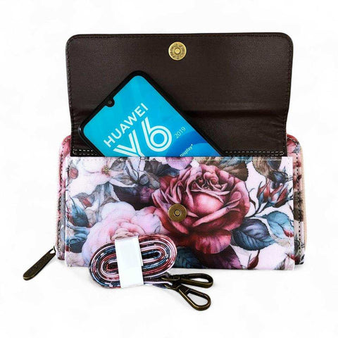 Cotton Road Wallet: Large PINK FLORAL PVC Cellphone Sling Wallet