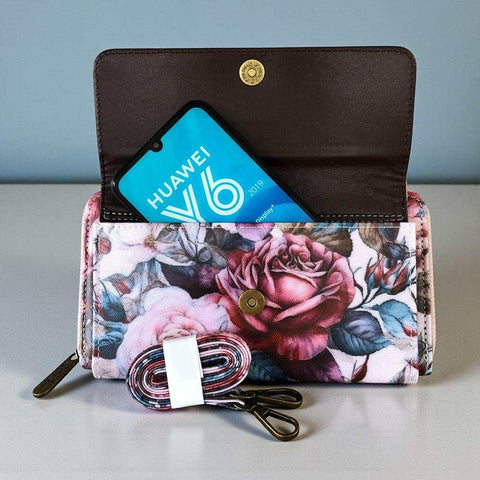 Cotton Road Wallet: Large PINK FLORAL PVC Cellphone Sling Wallet