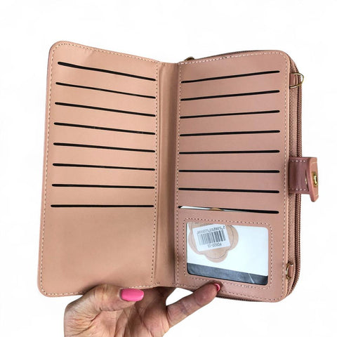 Cotton Road Wallet: Large PINK PU Leather Cellphone Sling Wallet with PATTERNED Pocket