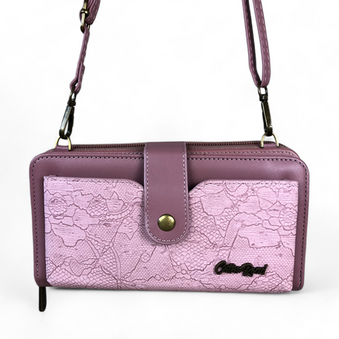 Cotton Road Wallet: Large PINK PU Leather Cellphone Sling with LACE Print