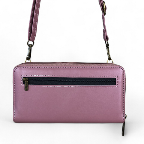 Cotton Road Wallet: Large PINK PU Leather Cellphone Sling with LACE Print