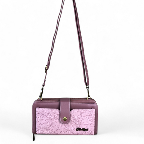 Cotton Road Wallet: Large PINK PU Leather Cellphone Sling with LACE Print