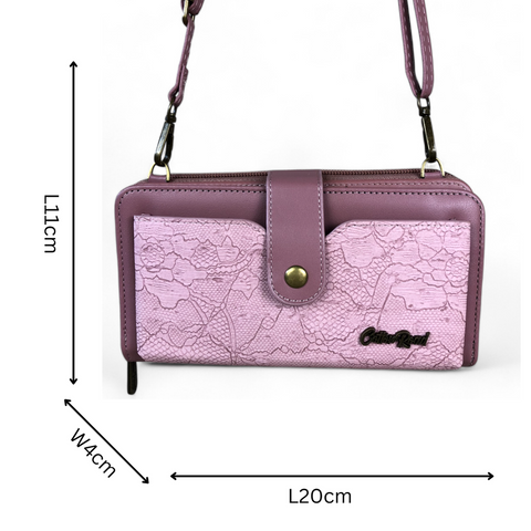Cotton Road Wallet: Large PINK PU Leather Cellphone Sling with LACE Print