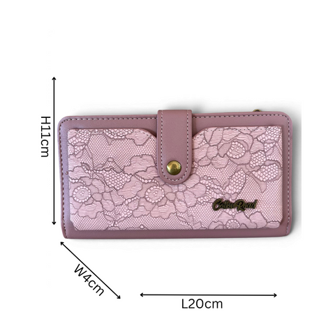 Cotton Road Wallet: Large PINK PU Leather Cellphone Sling with LACE Print