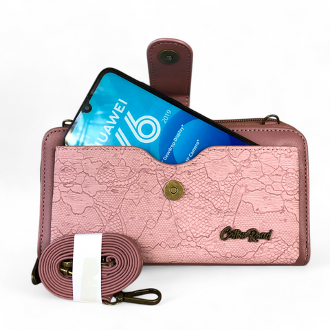 Cotton Road Wallet: Large PINK PU Leather Cellphone Sling with LACE Print