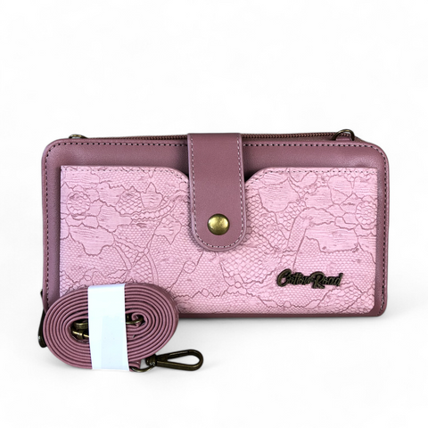 Cotton Road Wallet: Large PINK PU Leather Cellphone Sling with LACE Print