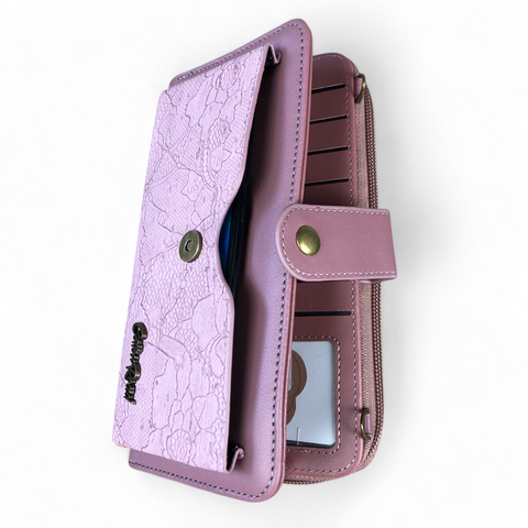 Cotton Road Wallet: Large PINK PU Leather Cellphone Sling with LACE Print