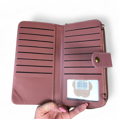 Cotton Road Wallet: Large PINK PU Leather Cellphone Sling with LACE Print