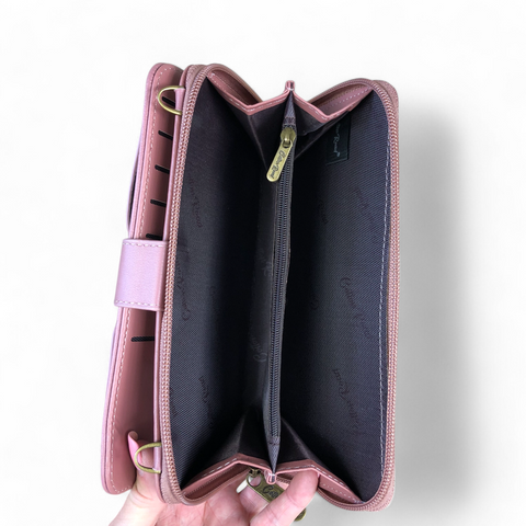 Cotton Road Wallet: Large PINK PU Leather Cellphone Sling with LACE Print