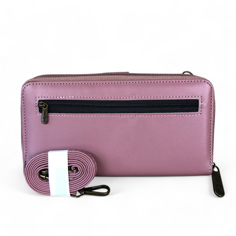 Cotton Road Wallet: Large PINK PU Leather Cellphone Sling with LACE Print