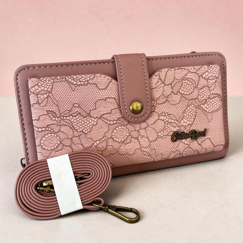 Cotton Road Wallet: Large PINK PU Leather Cellphone Sling with LACE Print