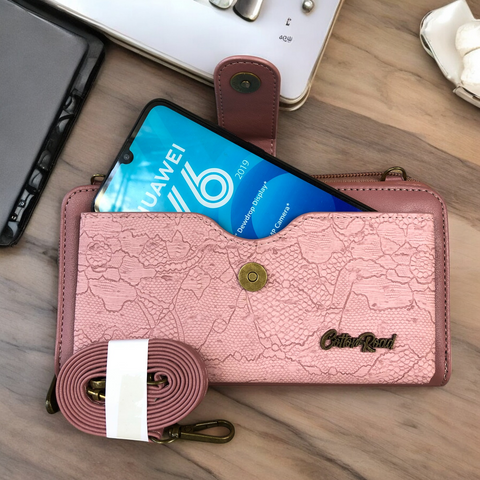 Cotton Road Wallet: Large PINK PU Leather Cellphone Sling with LACE Print