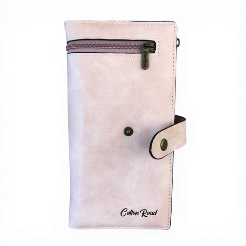 Cotton Road Wallet: Large PINK PU Leather Wallet with OUTSIDE ZIP Pocket