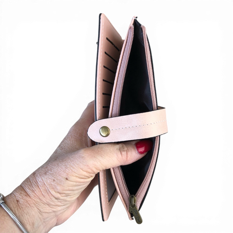 Cotton Road Wallet: Large PINK PU Leather Wallet with OUTSIDE ZIP Pocket