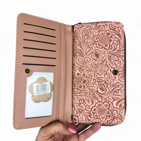 Cotton Road Wallet: Large PINK PU Leather with EMBOSSED Pattern detailing