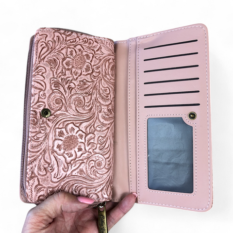 Cotton Road Wallet: Large PINK PU Leather with EMBOSSED Pattern detailing