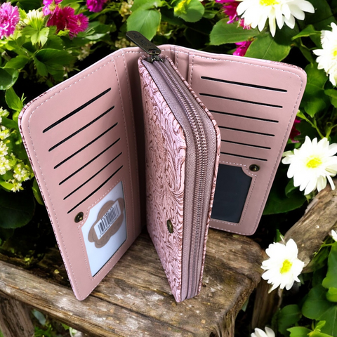 Cotton Road Wallet: Large PINK PU Leather with EMBOSSED Pattern detailing