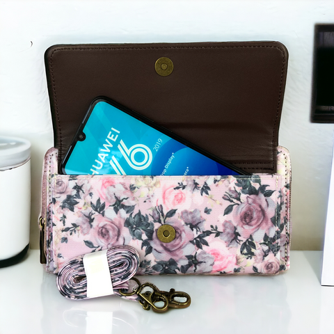 Cotton Road Wallet: Large PINK PVC Cellphone Sling Wallet with Petite ROSES