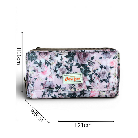 Cotton Road Wallet: Large PINK PVC Cellphone Sling Wallet with Petite ROSES