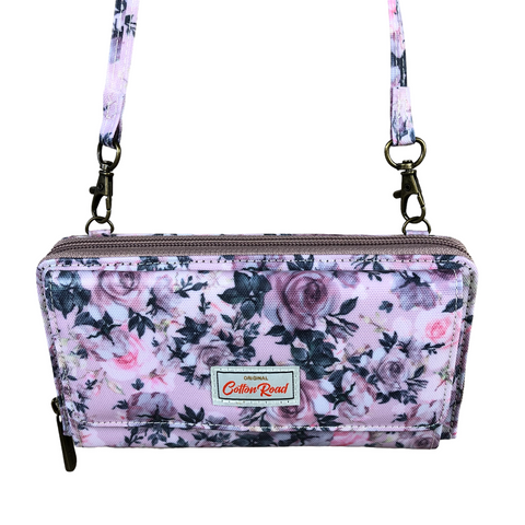 Cotton Road Wallet: Large PINK PVC Cellphone Sling Wallet with Petite ROSES