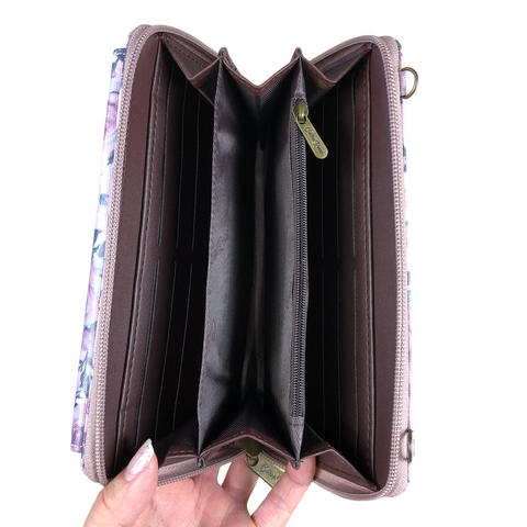 Cotton Road Wallet: Large PINK PVC Cellphone Sling Wallet with Petite ROSES