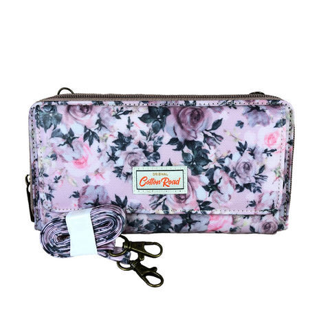 Cotton Road Wallet: Large PINK PVC Cellphone Sling Wallet with Petite ROSES