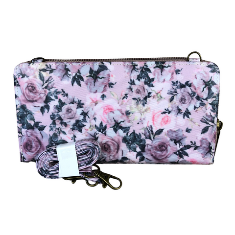 Cotton Road Wallet: Large PINK PVC Cellphone Sling Wallet with Petite ROSES
