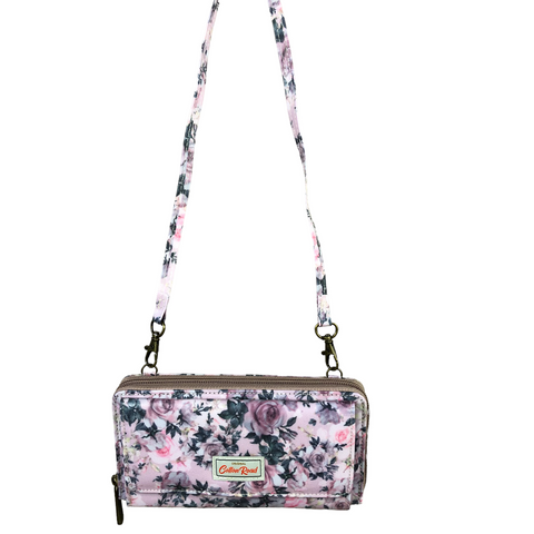 Cotton Road Wallet: Large PINK PVC Cellphone Sling Wallet with Petite ROSES