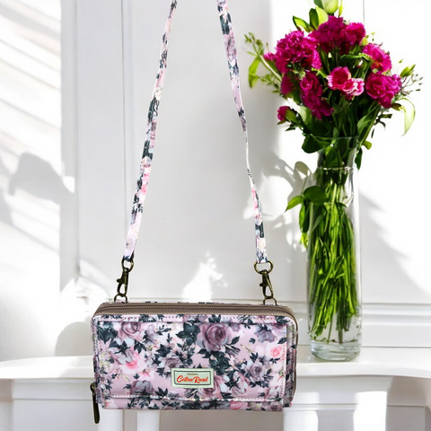 Cotton Road Wallet: Large PINK PVC Cellphone Sling Wallet with Petite ROSES